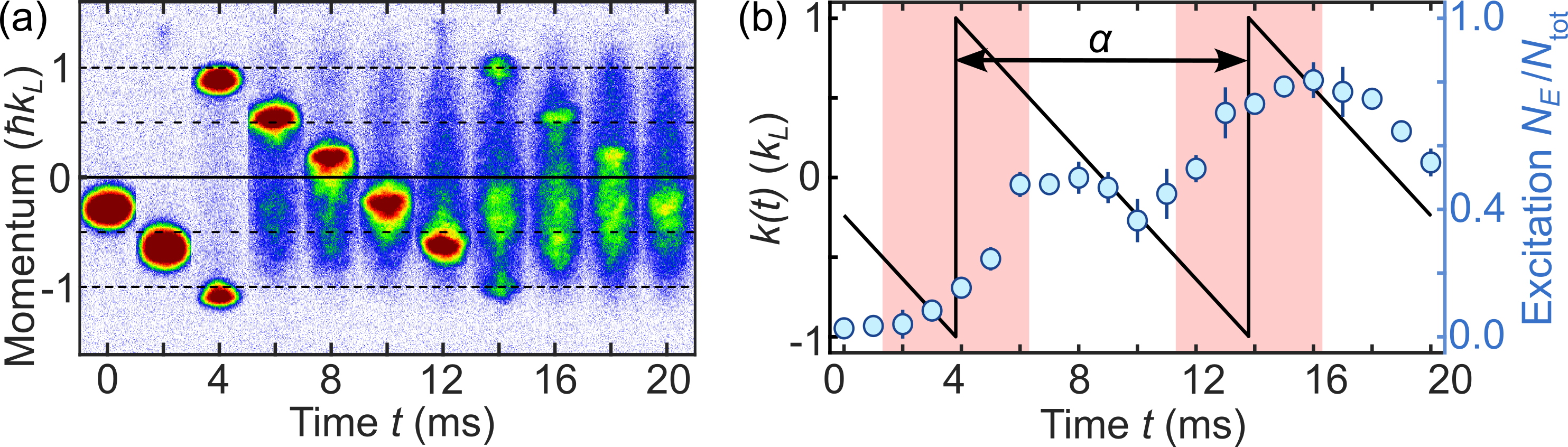 Fig. 2: Instabilities due to Bloch oscillations. (a) Absorption images of the superfluid in momentum space as it is accelerated by a constant force. (b) Micromotion for constant force (black line). Phonon modes (blue circles) grow whenever the superfluid is close to the edge of the Brillouin zone (red patches).